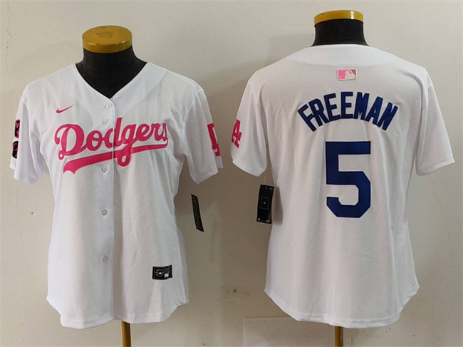 Youth Los Angeles Dodgers #5 Freddie Freeman White/Pink Vin & Kobe Patch Stitched Baseball Jersey